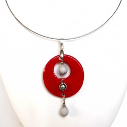 Collier rondeur rouge éclante et graines blanches