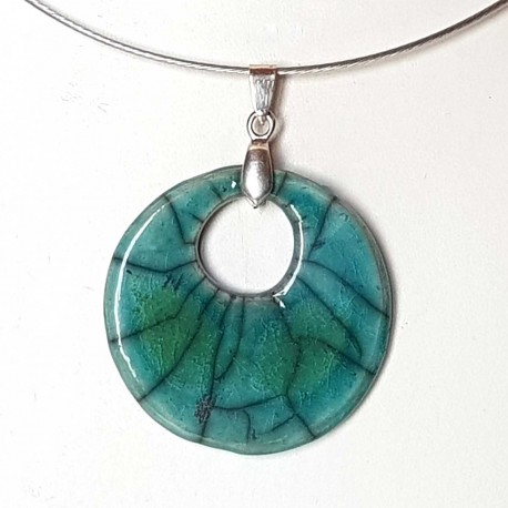 Collier médaillon rond bleu turquoise raku