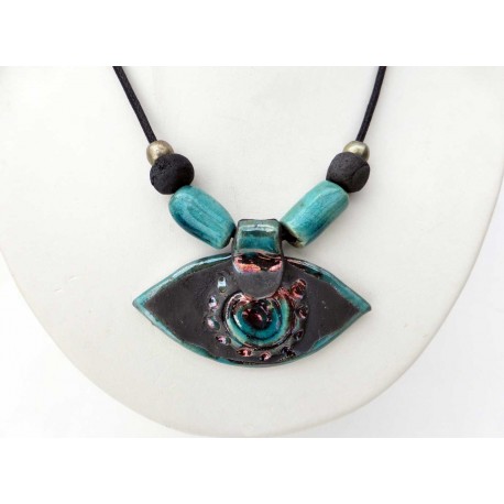 Collier ethnique raku turquoise et croissant hématite